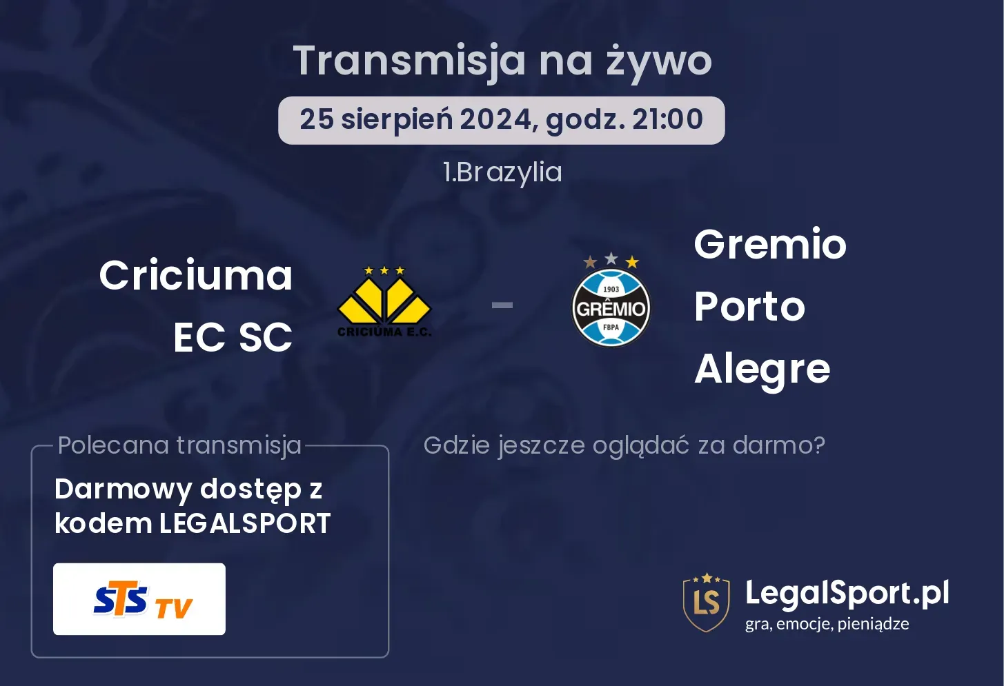 Criciuma EC SC - Gremio Porto Alegre transmisja na żywo