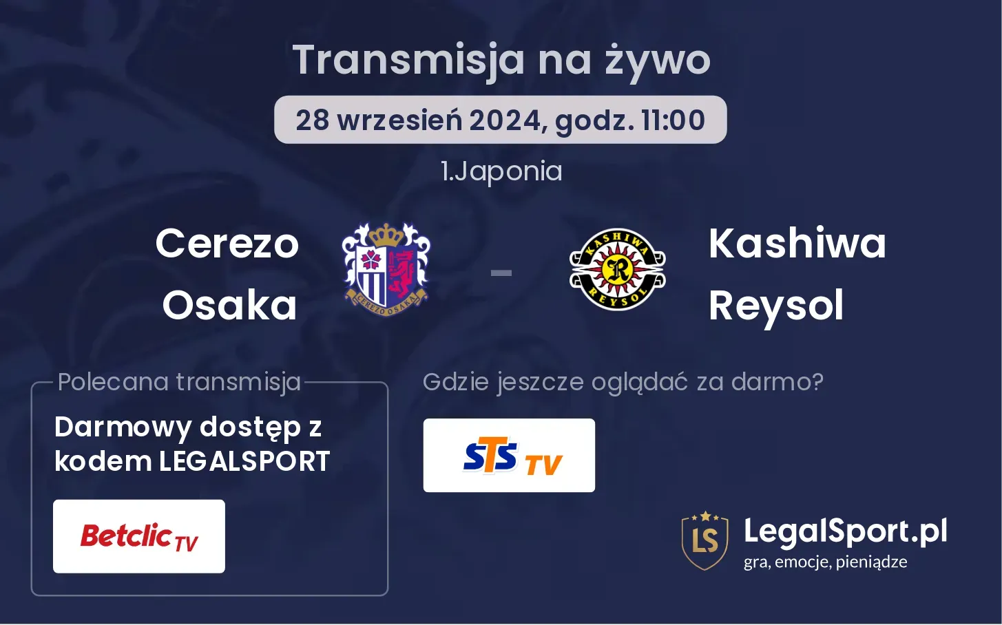 Cerezo Osaka - Kashiwa Reysol gdzie oglądać? 28.09, godz. 11:00