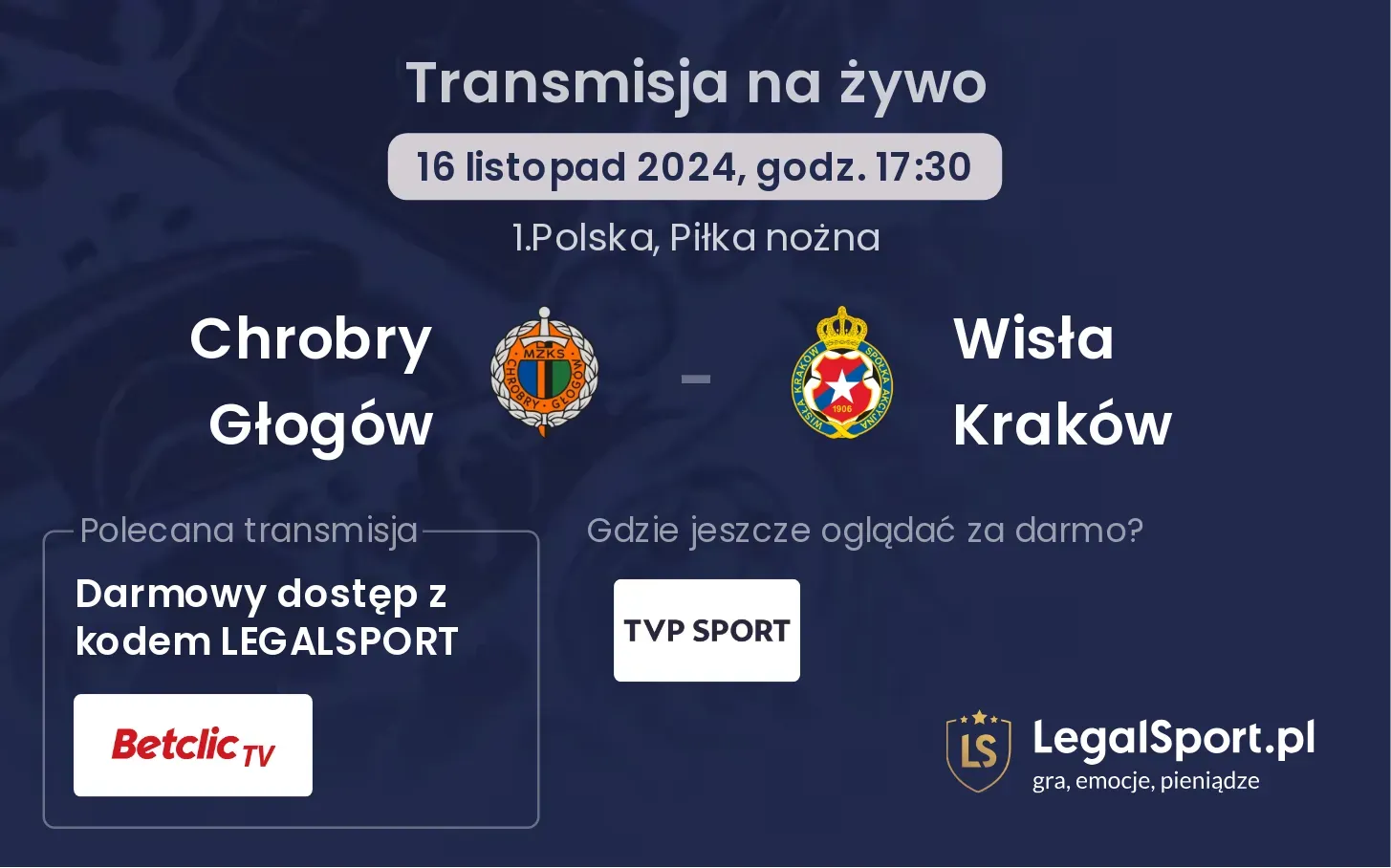 Chrobry Głogów - Wisła Kraków transmisja na żywo