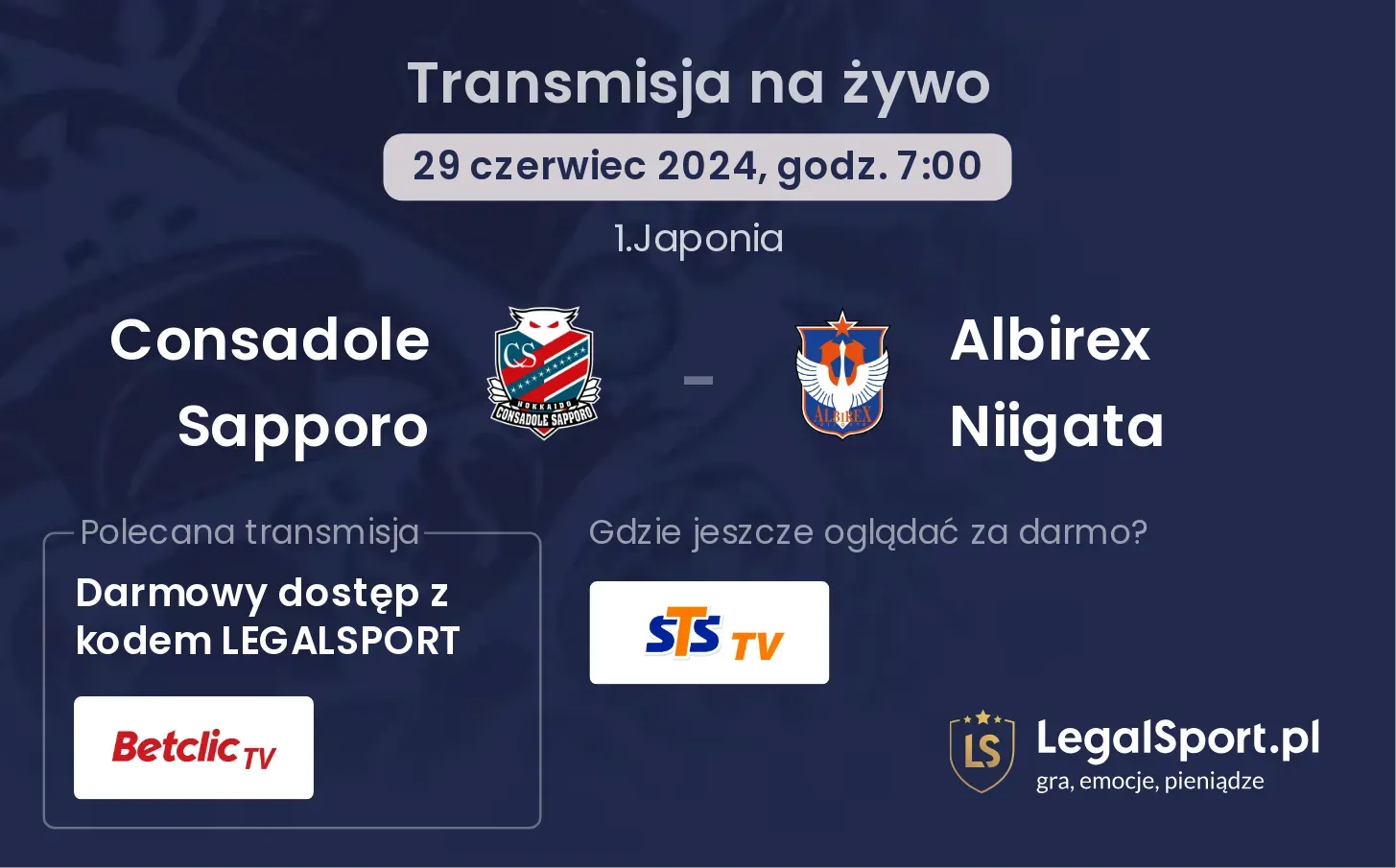 Consadole Sapporo - Albirex Niigata gdzie oglądać?(29.06, godz. 07:00)