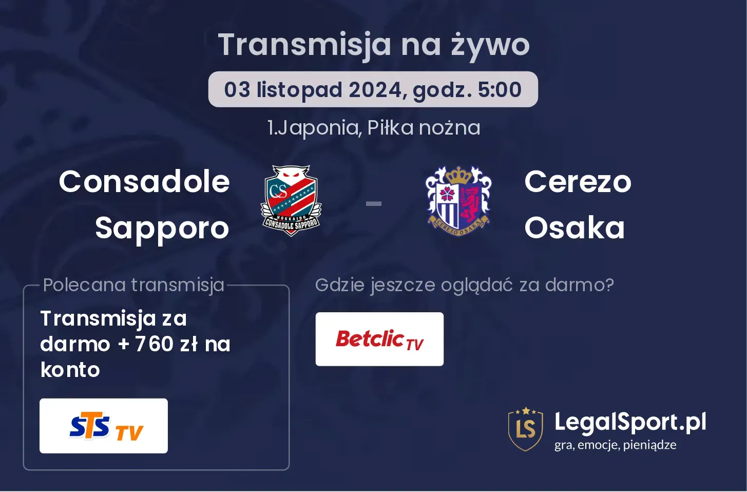 Consadole Sapporo - Cerezo Osaka transmisja na żywo