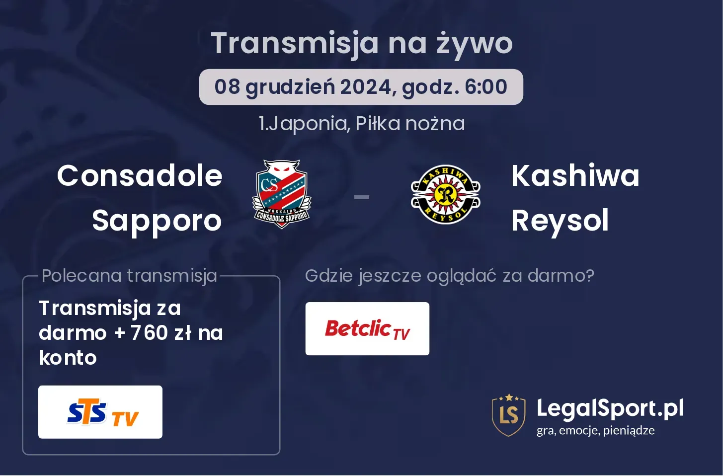 Consadole Sapporo - Kashiwa Reysol transmisja na żywo