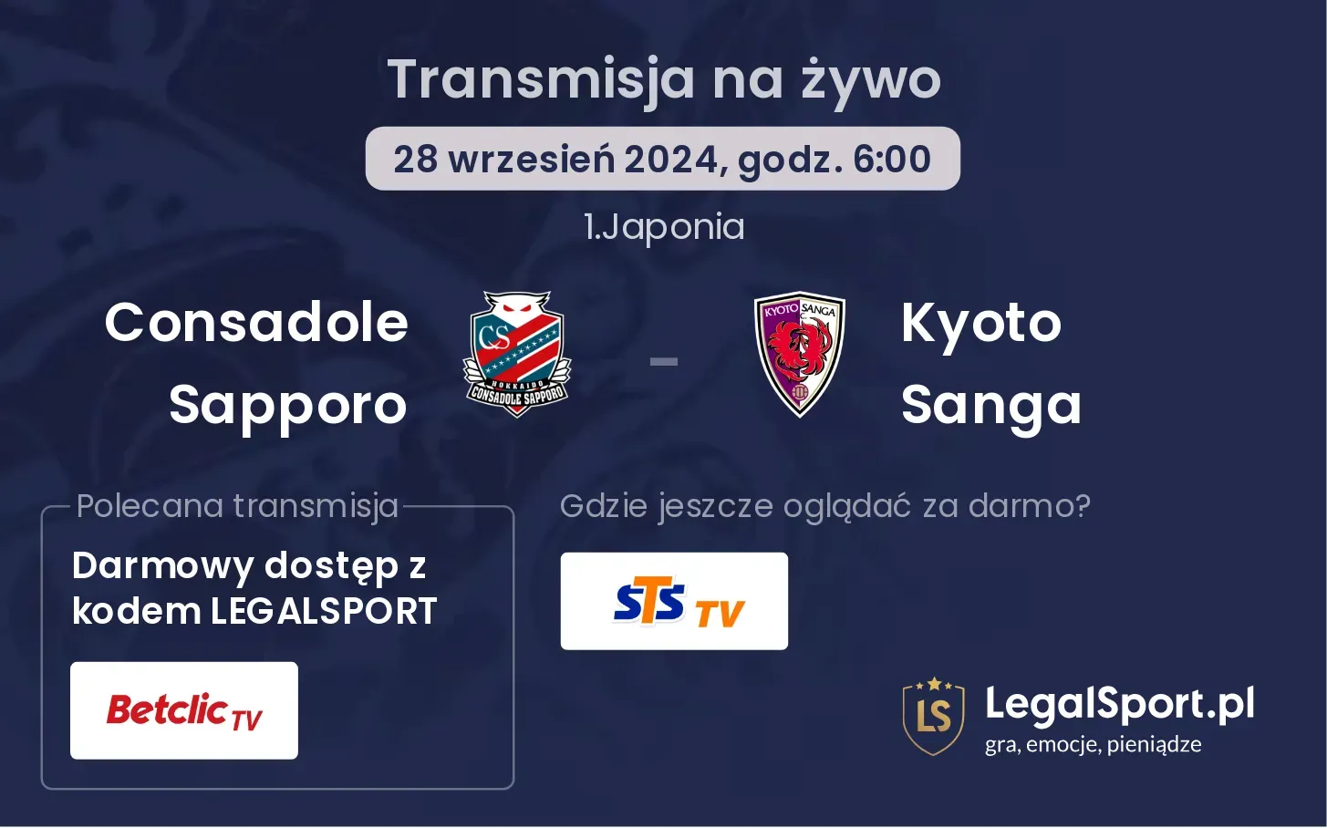 Consadole Sapporo - Kyoto Sanga transmisja na żywo