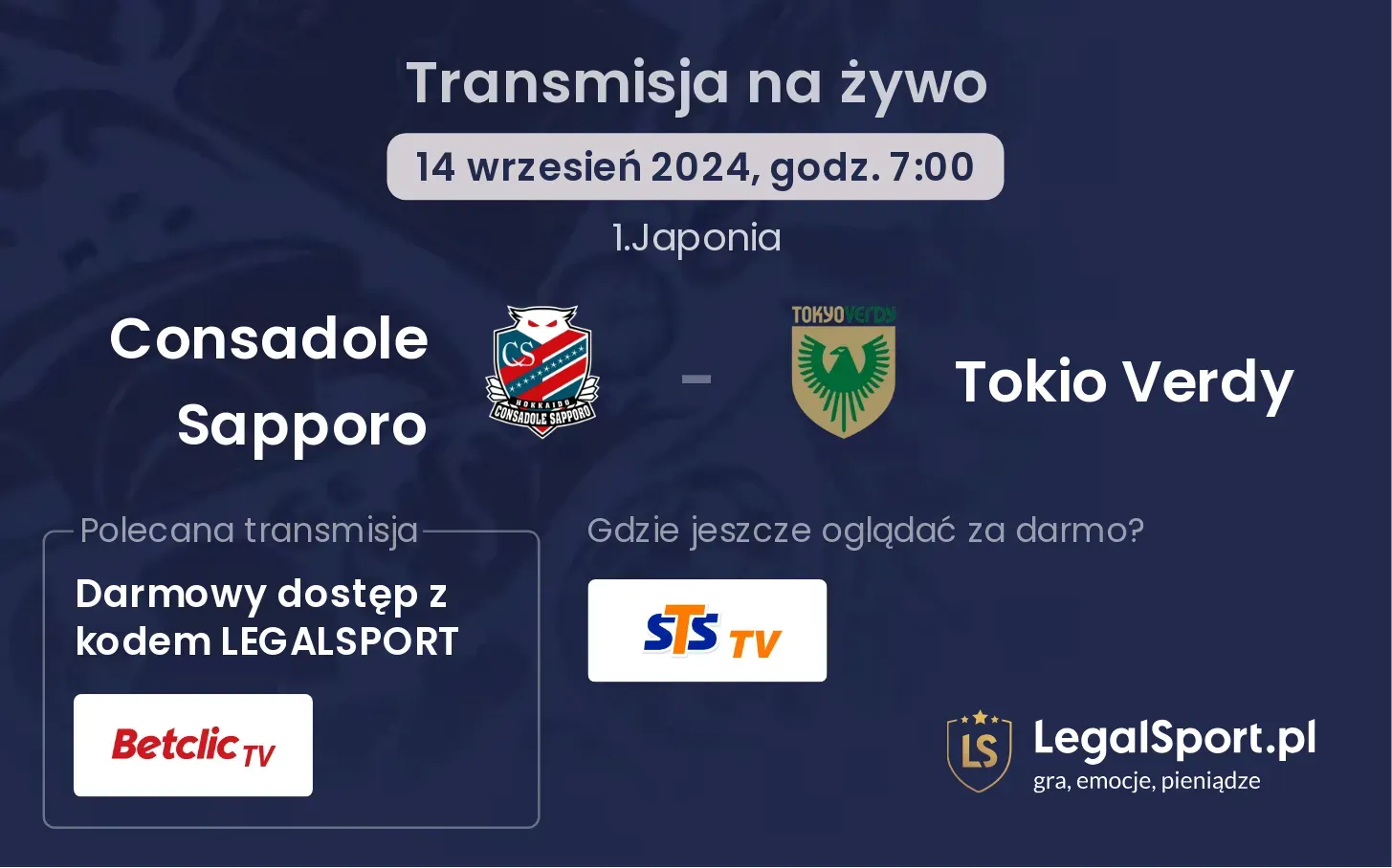 Consadole Sapporo - Tokio Verdy transmisja na żywo