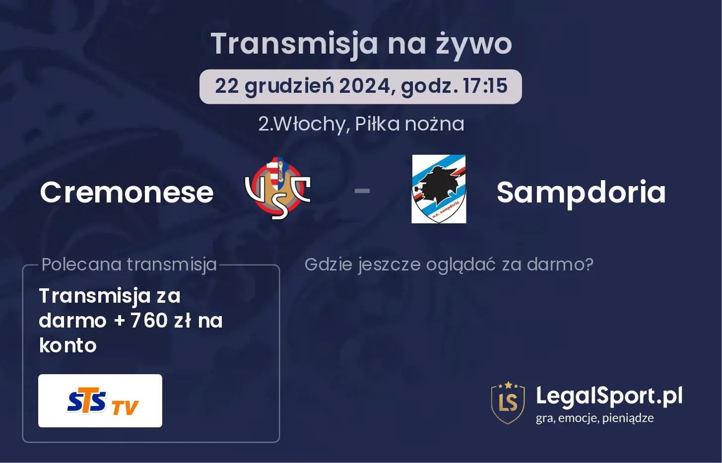 Cremonese - Sampdoria transmisja na żywo