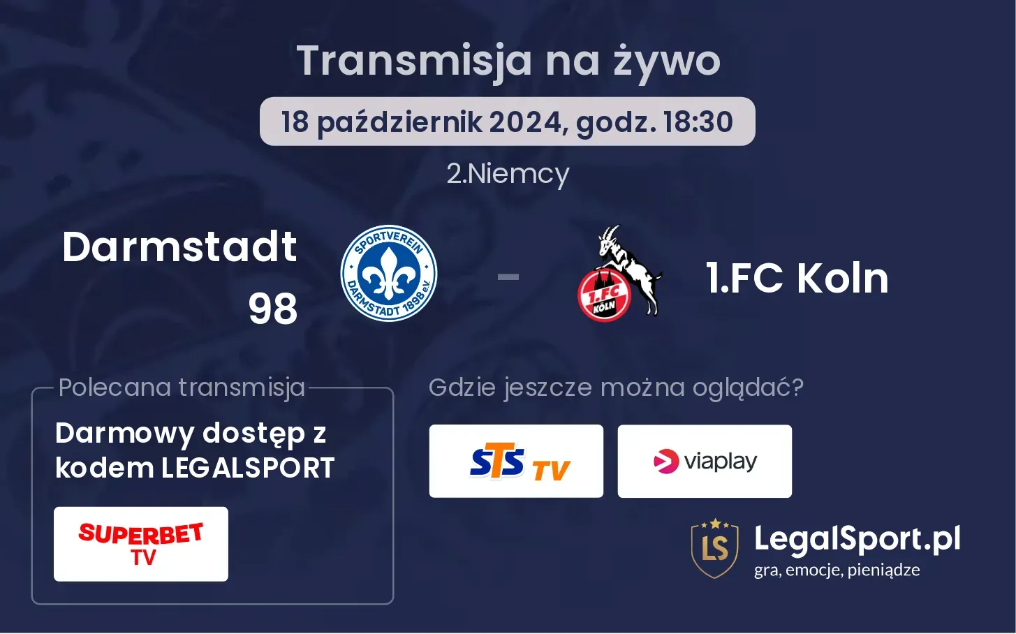 Darmstadt 98 - 1.FC Koln gdzie oglądać? 18.10, godz. 18:30