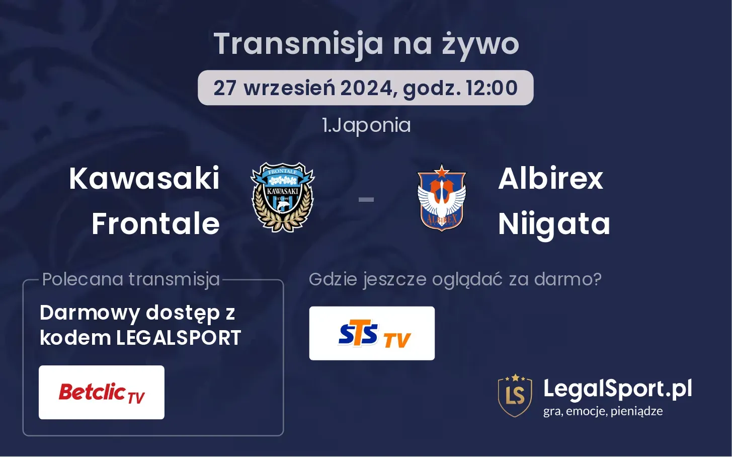 Kawasaki Frontale - Albirex Niigata gdzie oglądać? 27.09, godz. 12:00