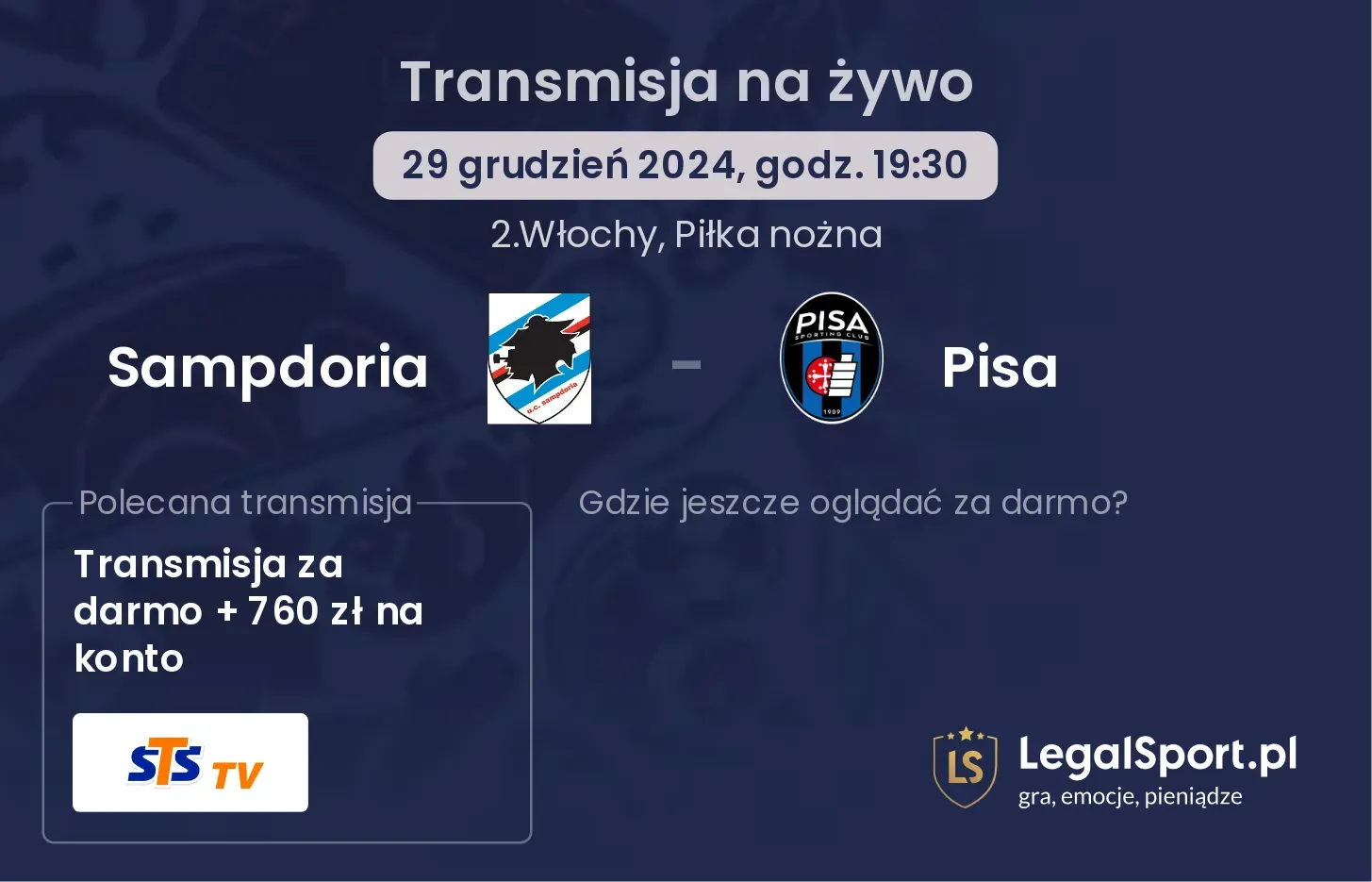 Sampdoria - Pisa gdzie oglądać transmisję?