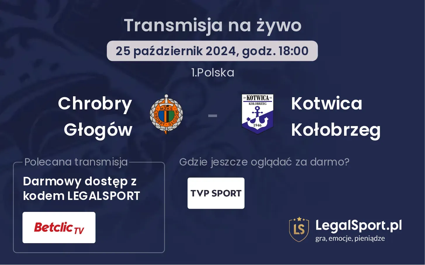 Chrobry Głogów - Kotwica Kołobrzeg transmisja na żywo