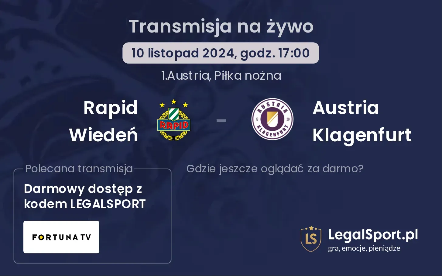 Rapid Wiedeń - Austria Klagenfurt gdzie oglądać? 10.11, godz. 17:00