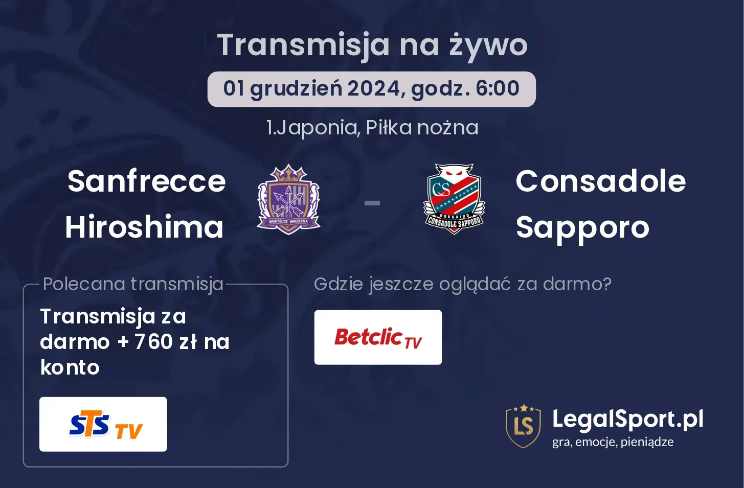 Sanfrecce Hiroshima - Consadole Sapporo transmisja na żywo