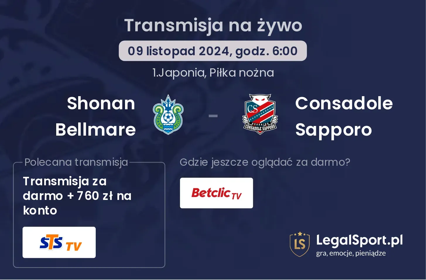 Shonan Bellmare - Consadole Sapporo gdzie oglądać? 09.11, godz. 06:00