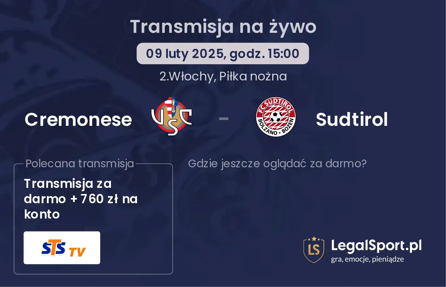 Sudtirol - Cremonese transmisja na żywo