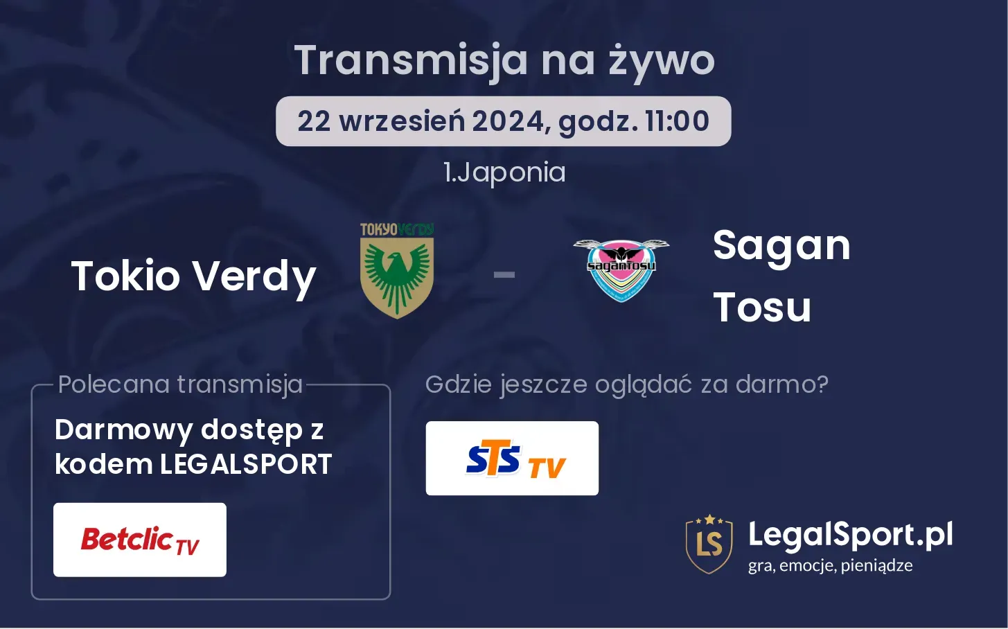 Tokio Verdy - Sagan Tosu gdzie oglądać? 22.09, godz. 11:00