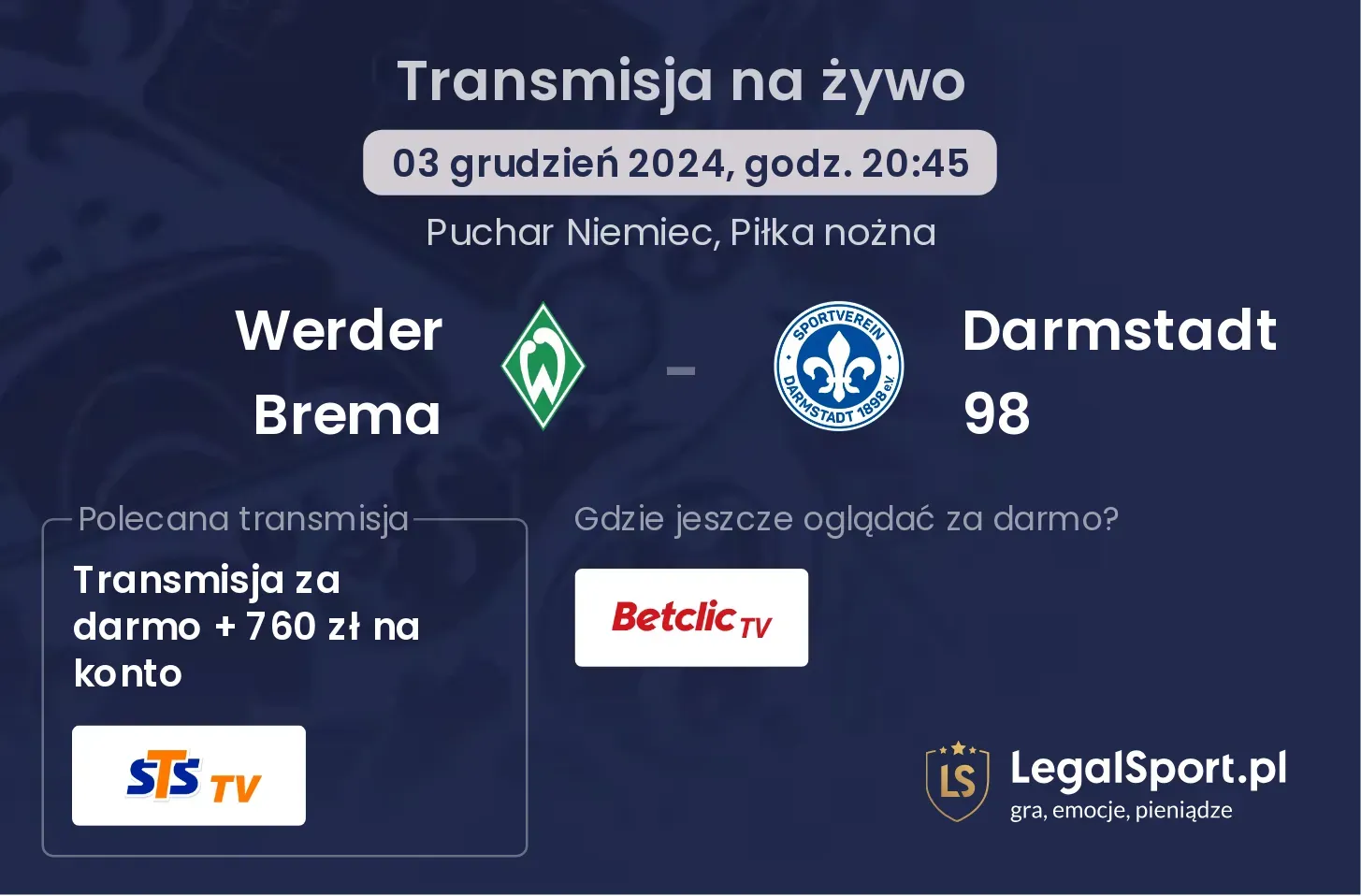 Werder Brema - Darmstadt 98 transmisja na żywo