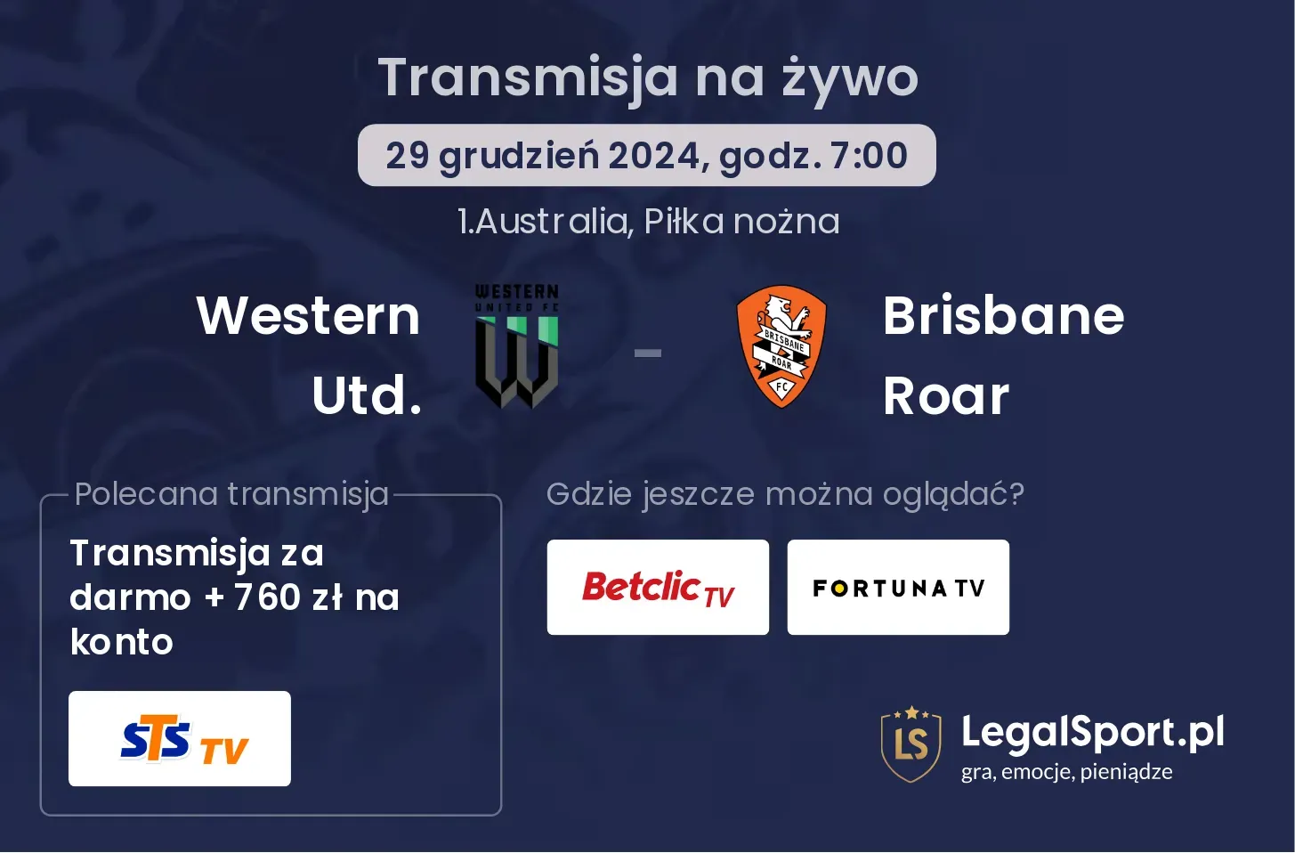 Western Utd. - Brisbane Roar gdzie oglądać transmisję?