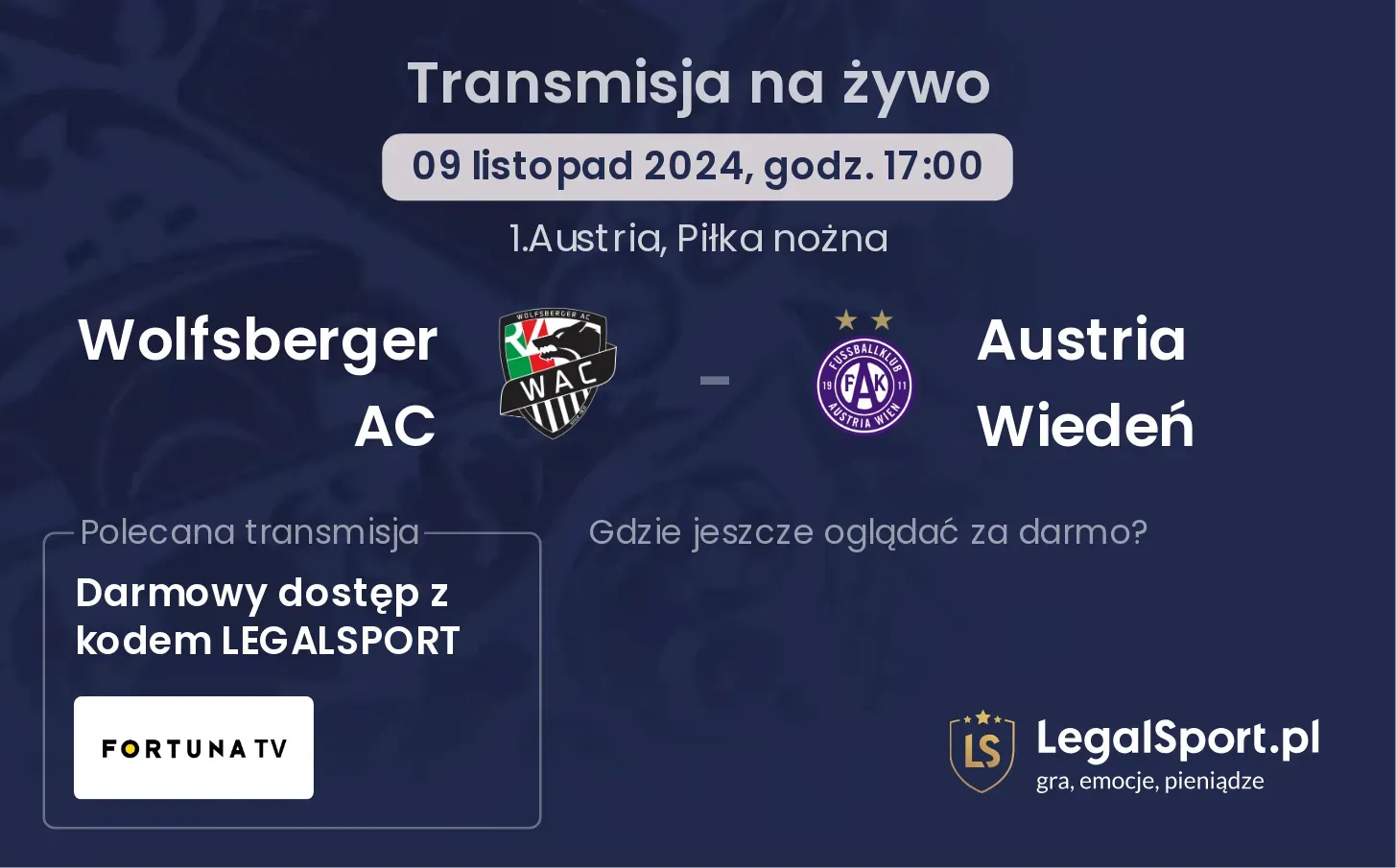 Wolfsberger AC - Austria Wiedeń gdzie oglądać? 09.11, godz. 17:00