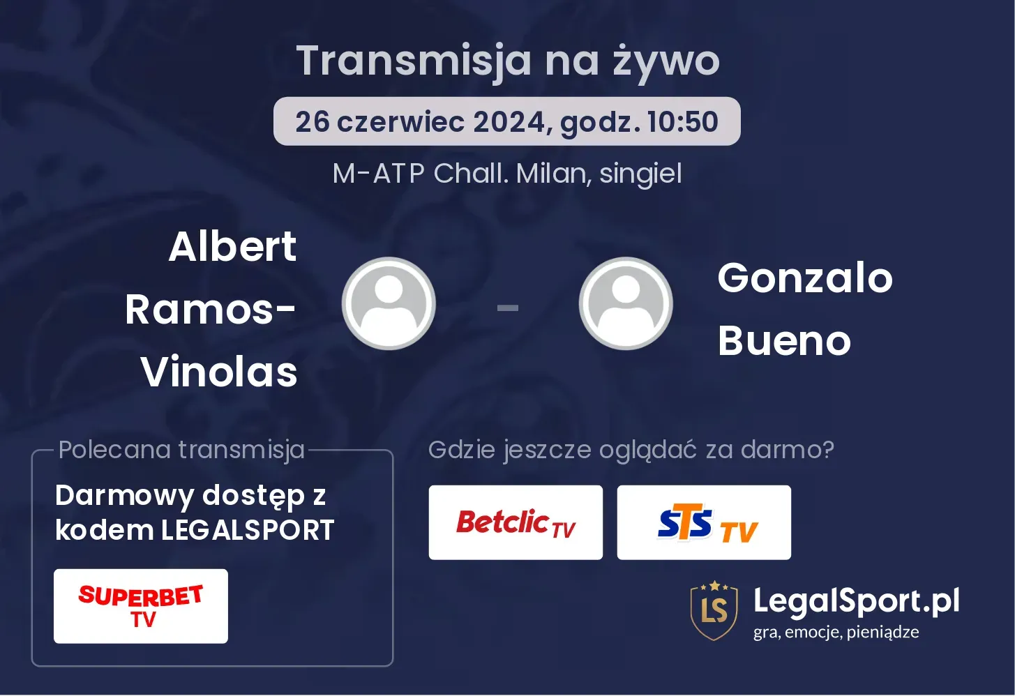 Albert Ramos-Vinolas - Gonzalo Bueno gdzie oglądać? Transmisja online za darmo (26.06, godz. 10:50)