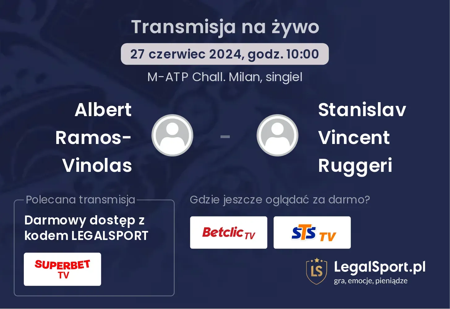 Albert Ramos-Vinolas - Stanislav Vincent Ruggeri gdzie oglądać? Transmisja online za darmo (27.06, godz. 10:00)