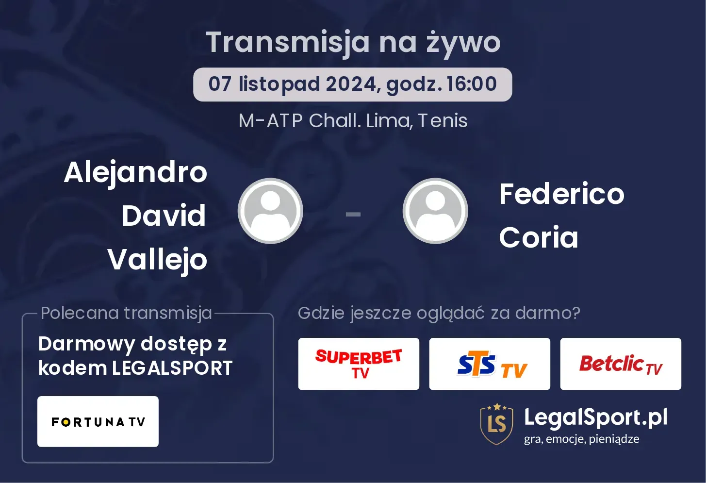 Alejandro David Vallejo - Federico Coria gdzie oglądać? 07.11, godz. 16:00