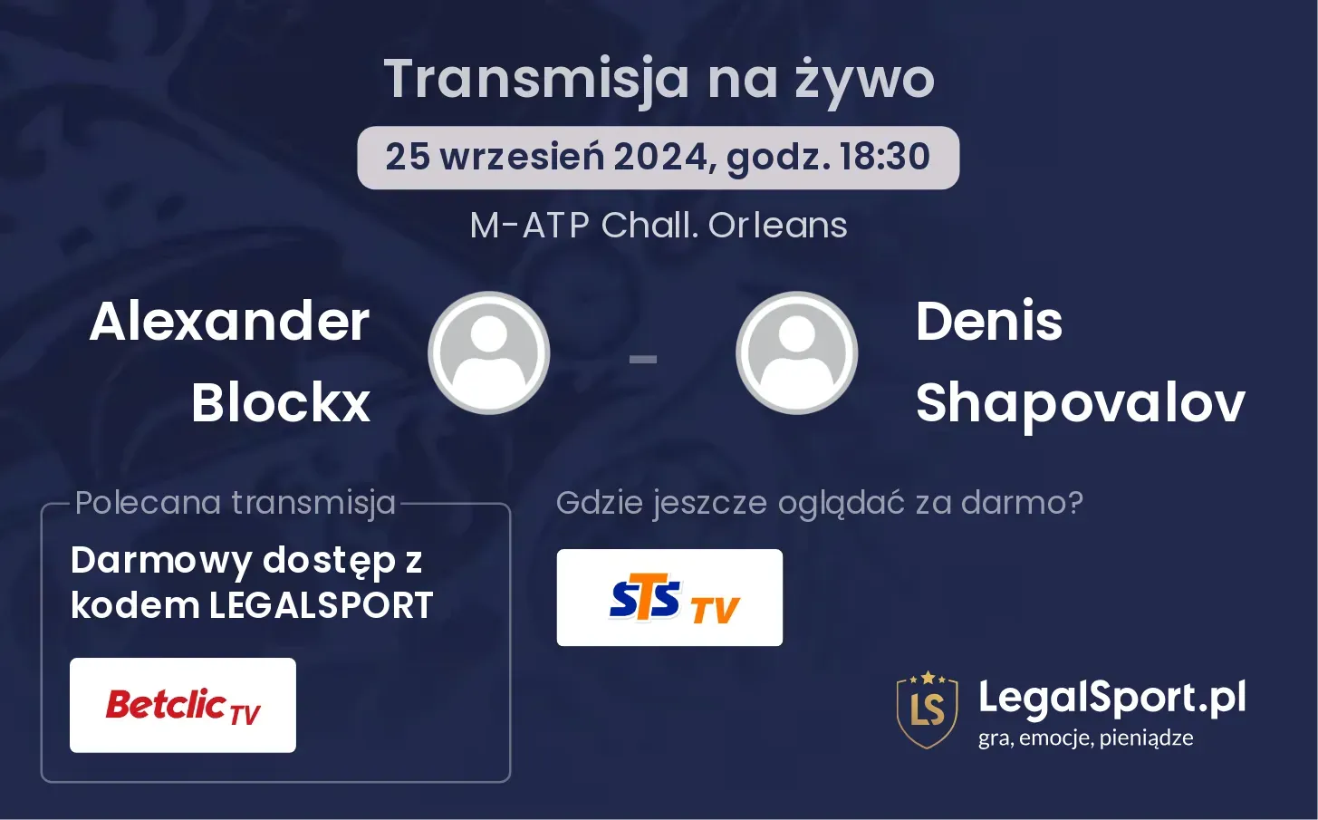 Alexander Blockx - Denis Shapovalov gdzie oglądać? 25.09, godz. 18:30