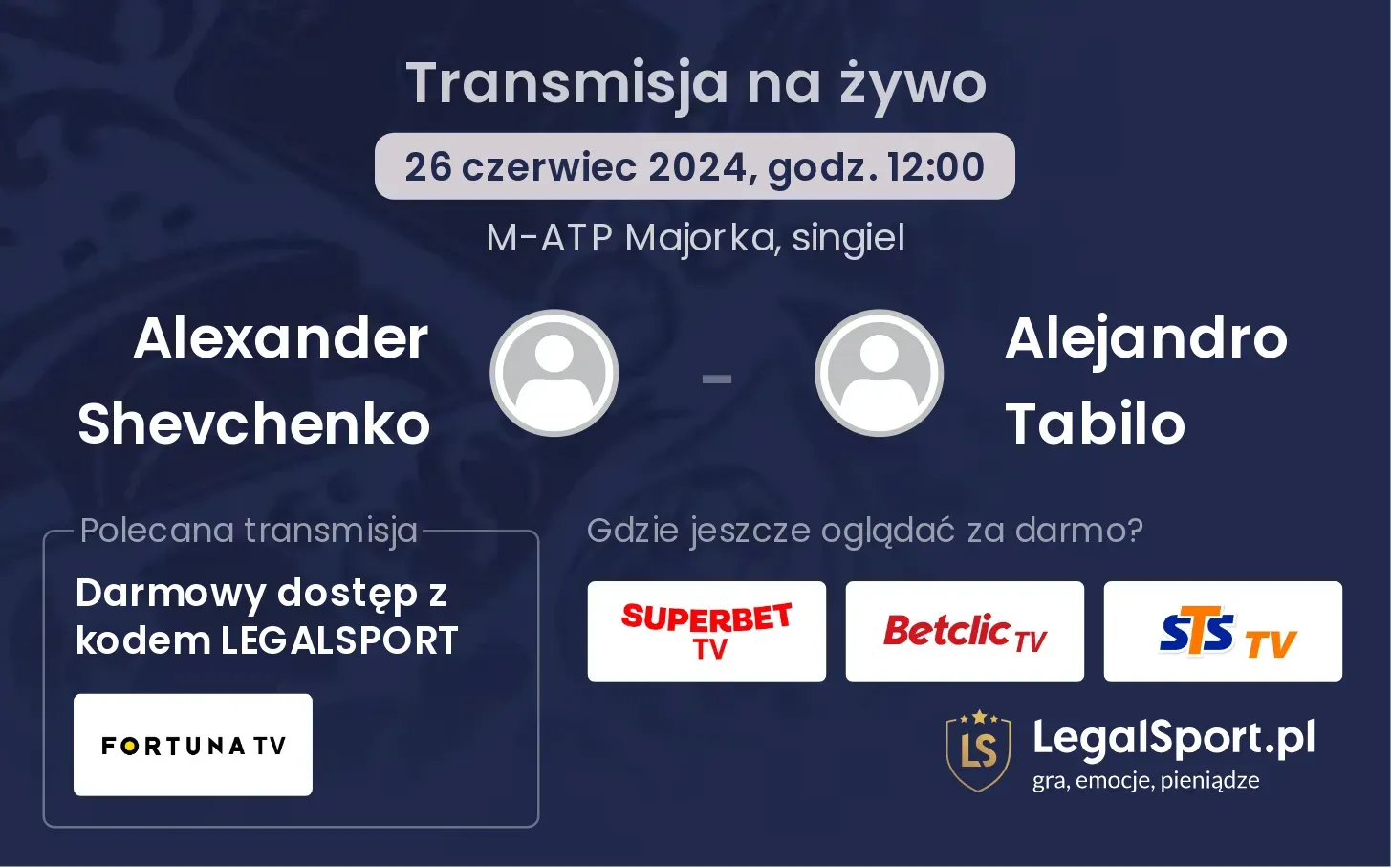 Alexander Shevchenko - Alejandro Tabilo gdzie oglądać? Transmisja online za darmo (26.06, godz. 12:00)