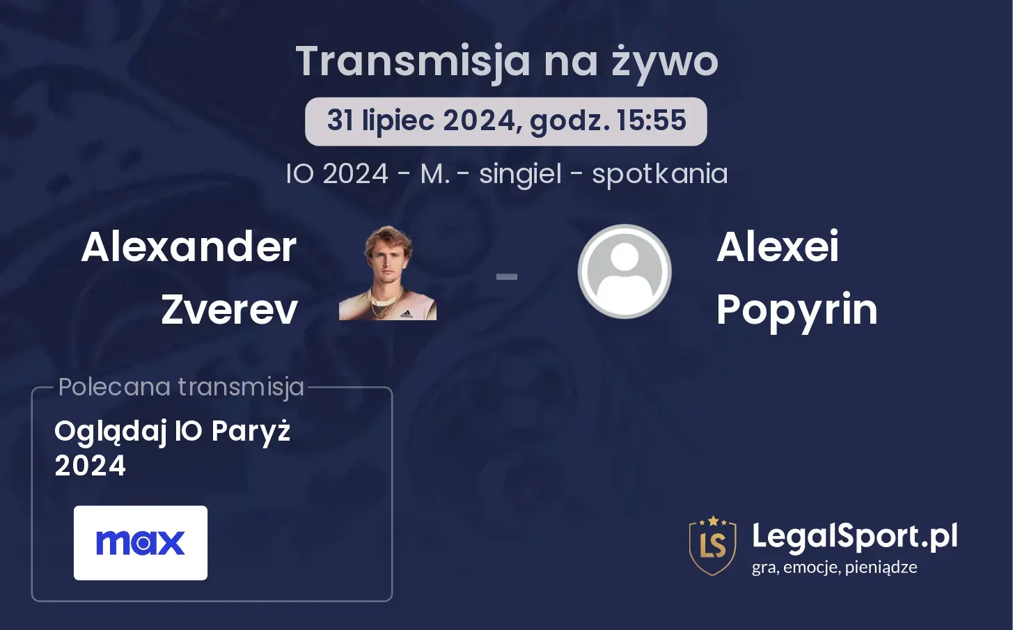 Alexander Zverev - Alexei Popyrin transmisja na żywo