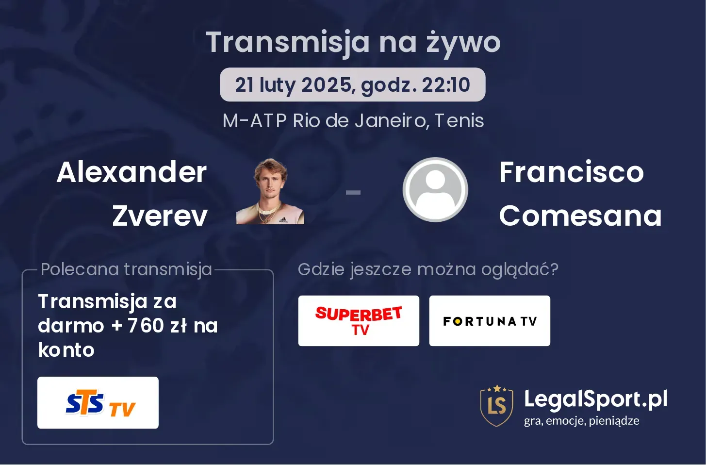 Alexander Zverev - Francisco Comesana gdzie oglądać transmisję?