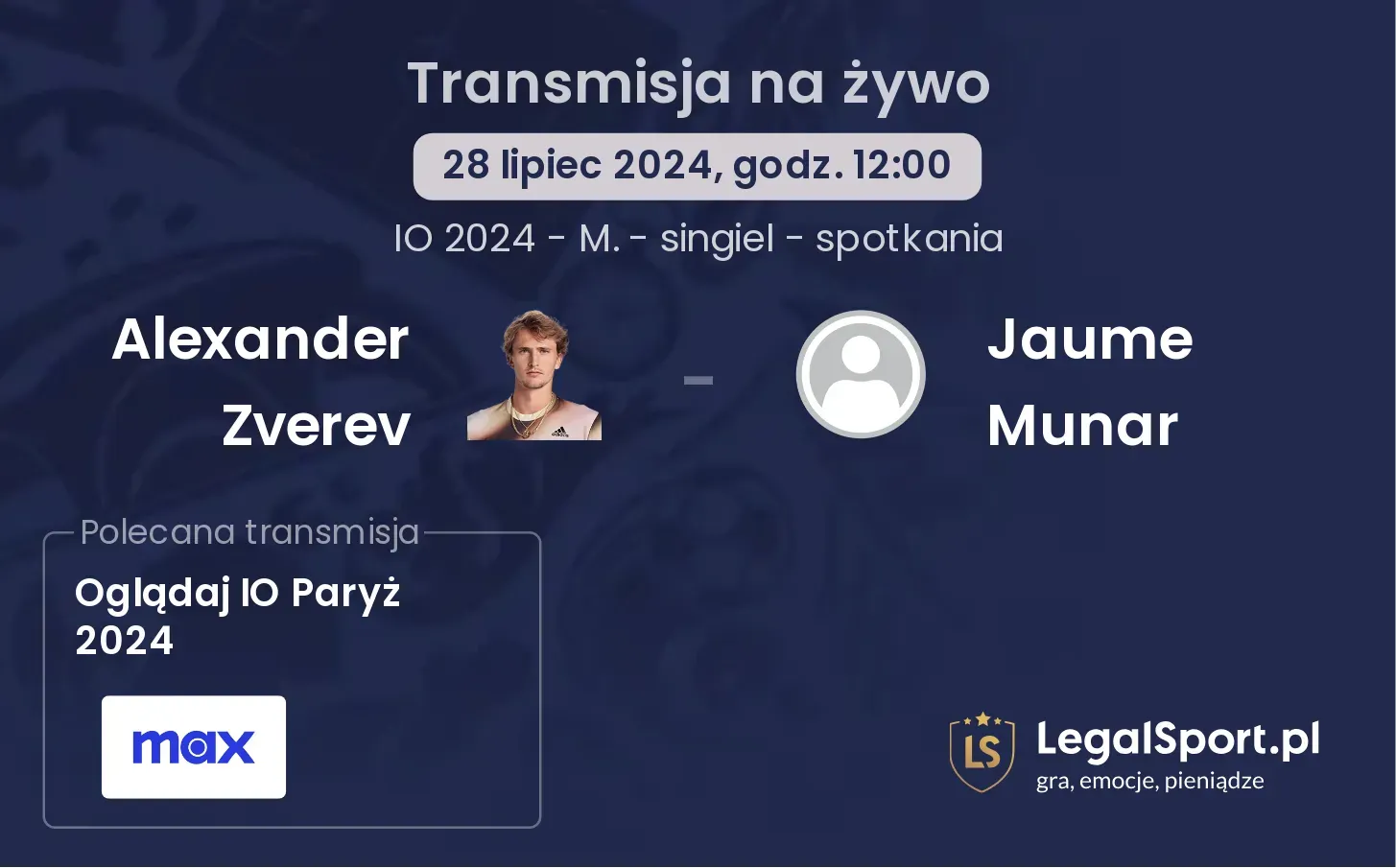 Alexander Zverev - Jaume Munar transmisja na żywo