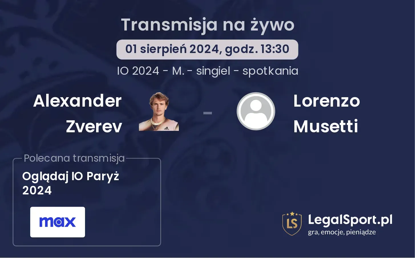 Alexander Zverev - Lorenzo Musetti transmisja na żywo