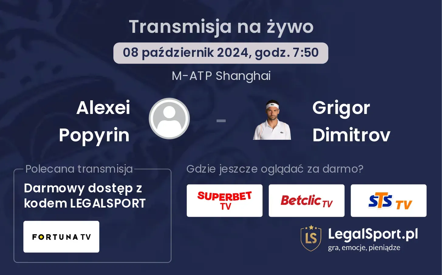 Alexei Popyrin - Grigor Dimitrov transmisja na żywo