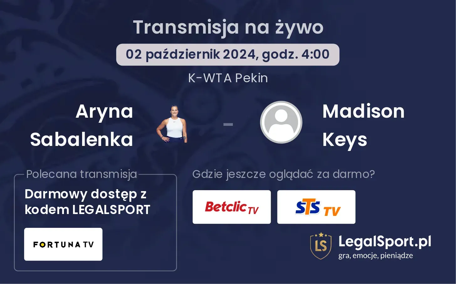 Aryna Sabalenka - Madison Keys transmisja na żywo