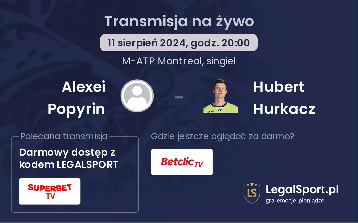 Alexei Popyrin - Hubert Hurkacz transmisja na żywo