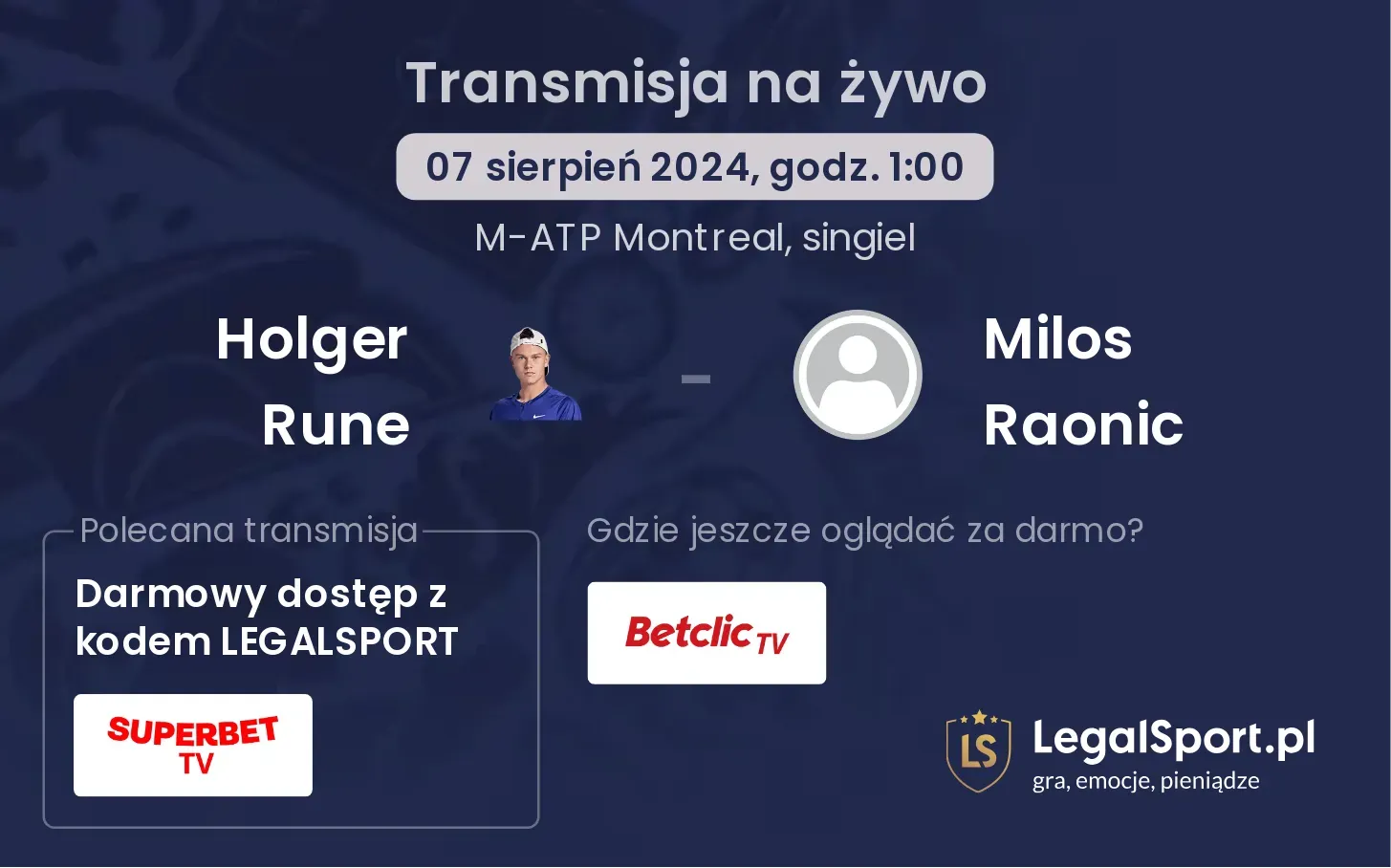 Holger Rune - Milos Raonic transmisja na żywo