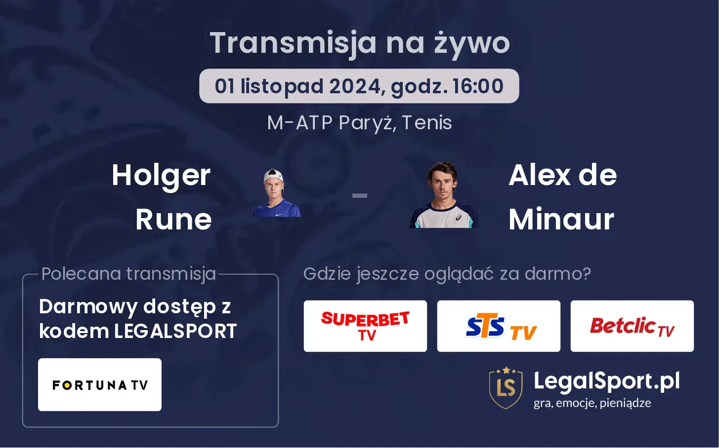 Holger Rune - Alex de Minaur transmisja na żywo