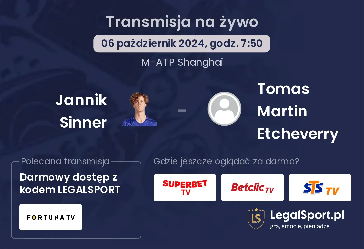 Jannik Sinner - Tomas Martin Etcheverry transmisja na żywo