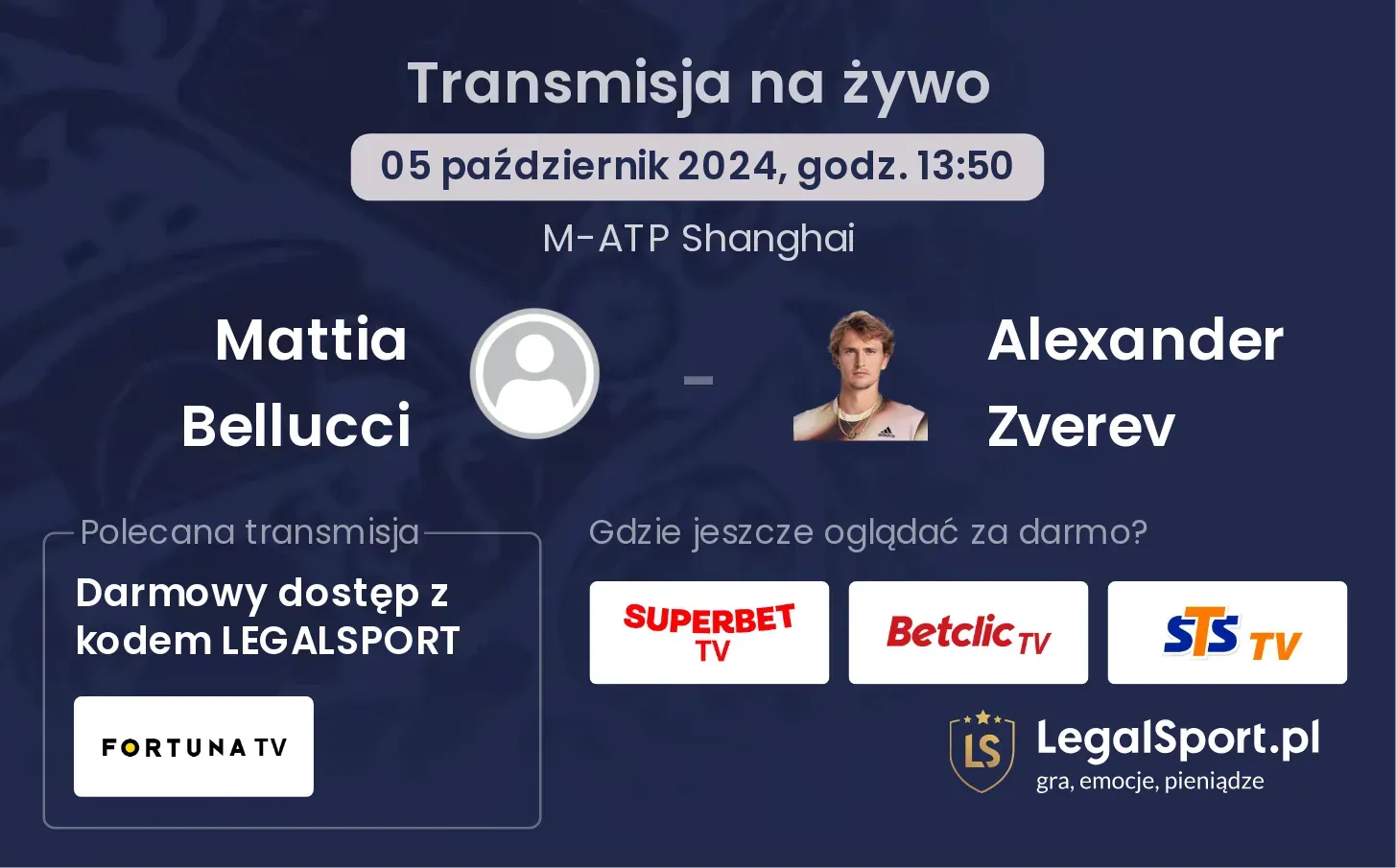 Mattia Bellucci - Alexander Zverev transmisja na żywo