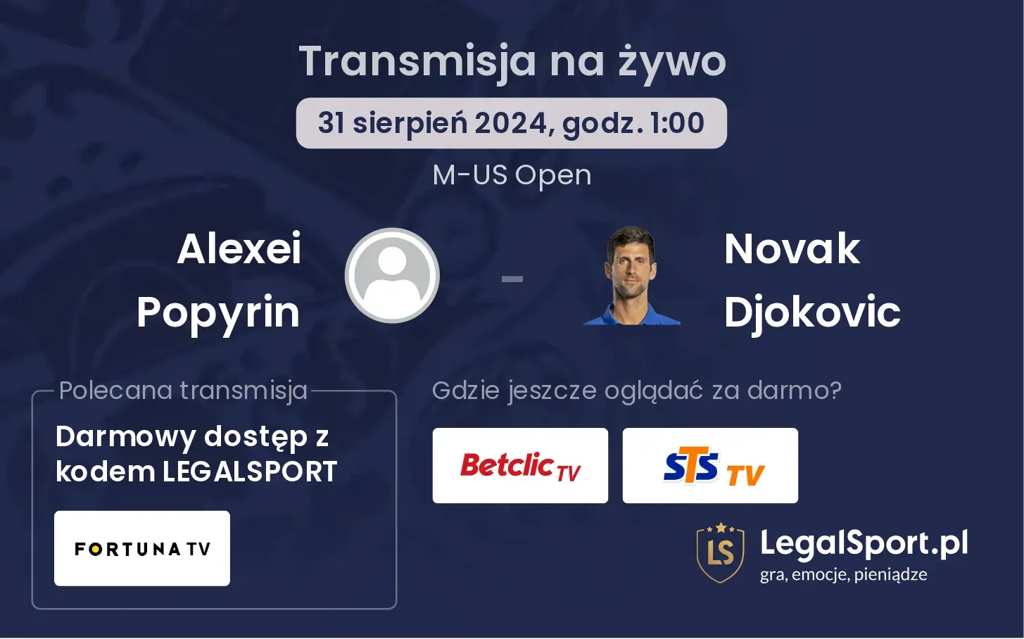 Alexei Popyrin - Novak Djokovic transmisja na żywo