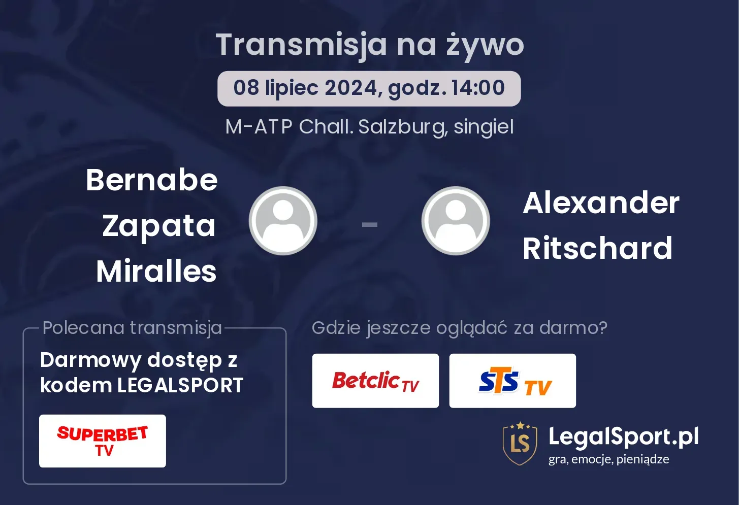 Bernabe Zapata Miralles - Alexander Ritschard gdzie oglądać? Transmisja online za darmo (08.07, godz. 14:00)