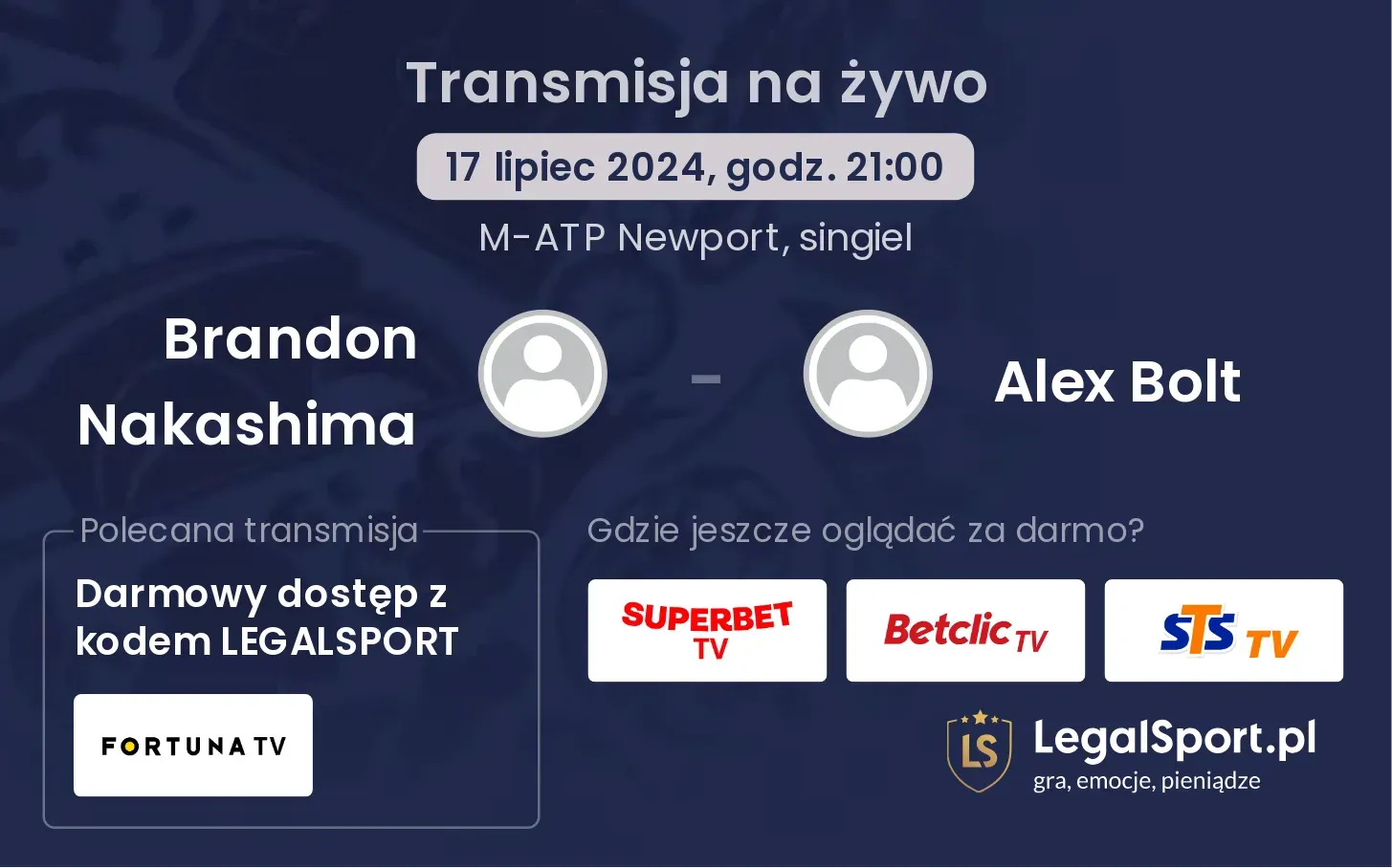 Brandon Nakashima - Alex Bolt gdzie oglądać? Transmisja online za darmo (17.07, godz. 21:00)