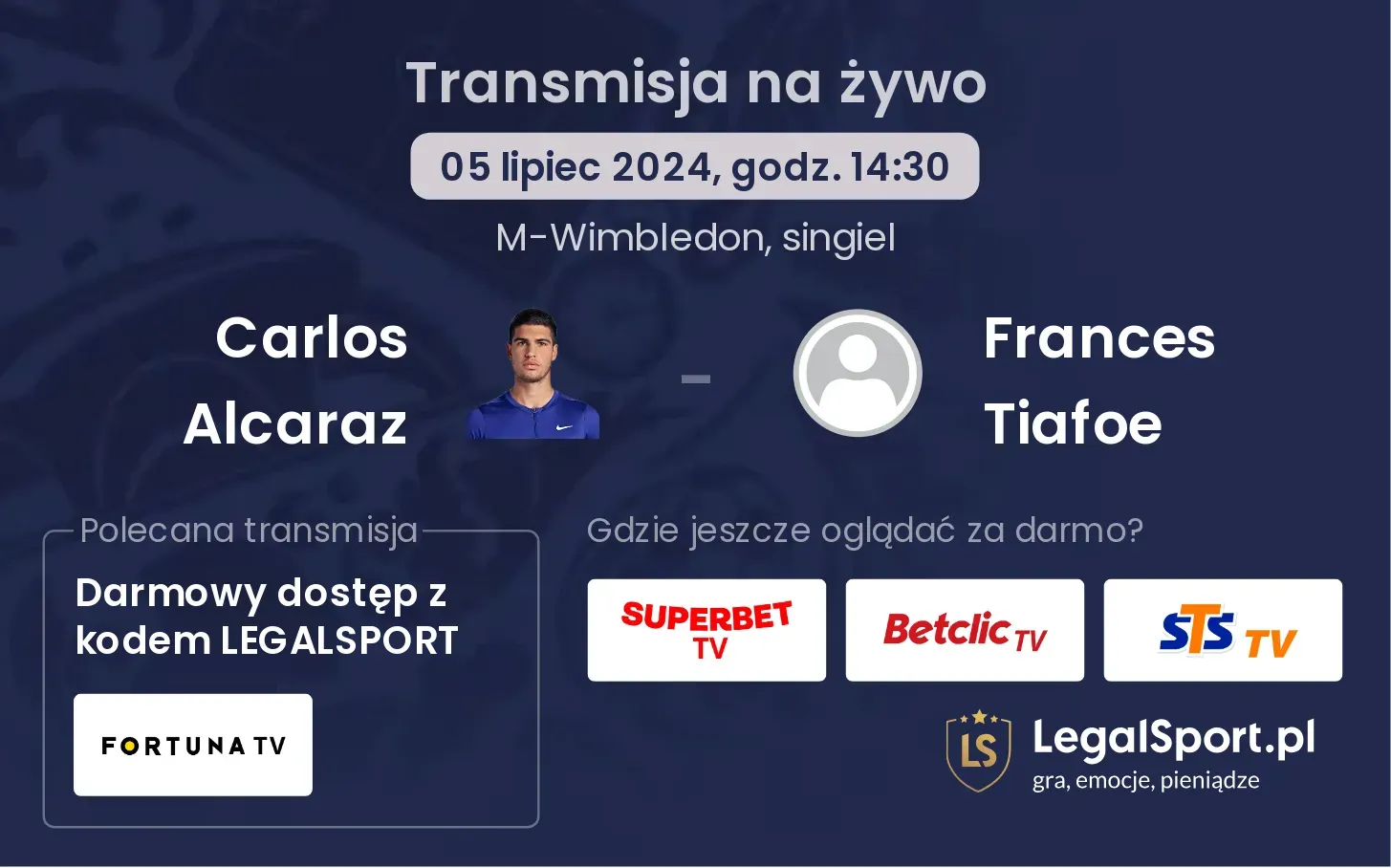 Carlos Alcaraz - Frances Tiafoe gdzie oglądać? Transmisja online za darmo (05.07, godz. 14:30)