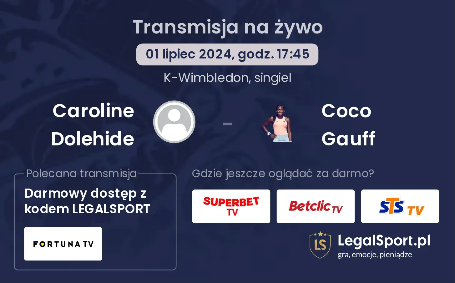 Caroline Dolehide - Coco Gauff gdzie oglądać? Transmisja online za darmo (01.07, godz. 17:45)