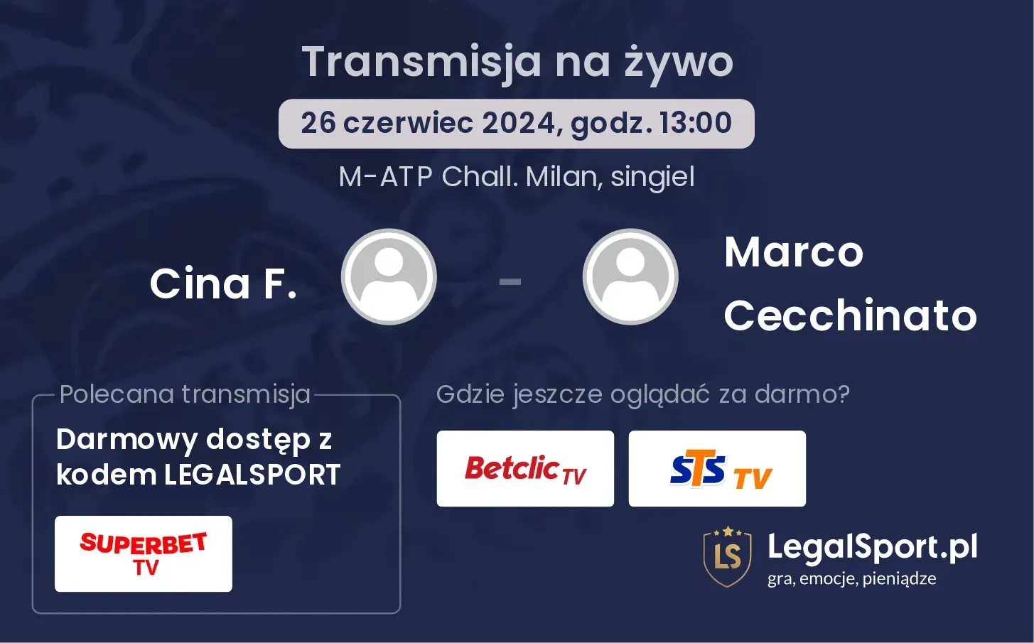 Cina F. - Marco Cecchinato gdzie oglądać? Transmisja online za darmo (26.06, godz. 13:00)