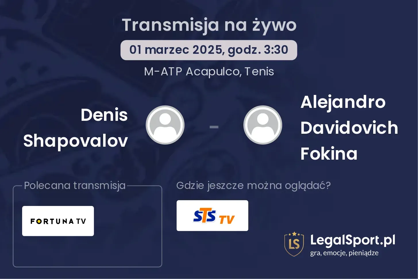 Denis Shapovalov - Alejandro Davidovich Fokina transmisja na żywo