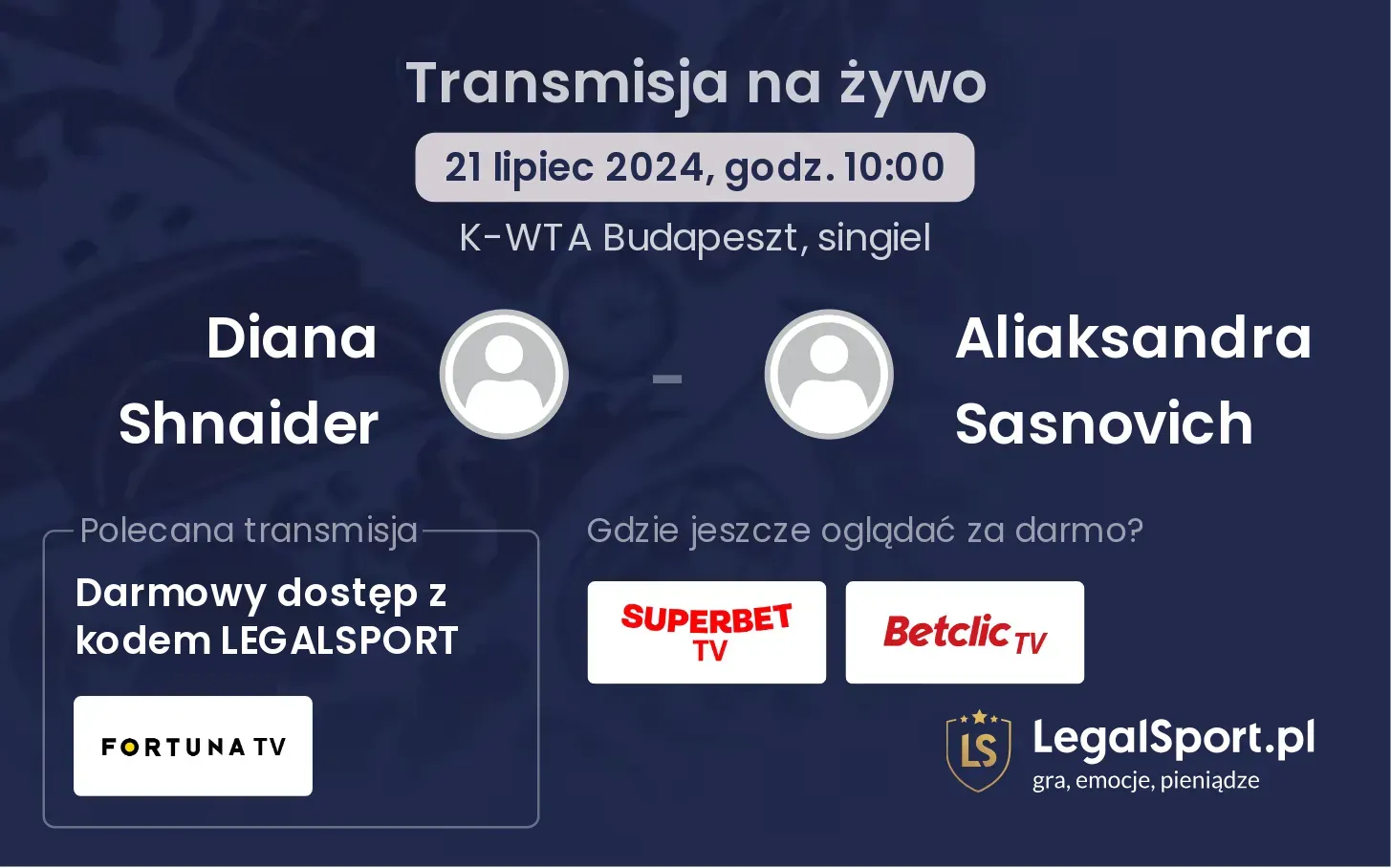 Diana Shnaider - Aliaksandra Sasnovich gdzie oglądać? Transmisja online za darmo (21.07, godz. 10:00)