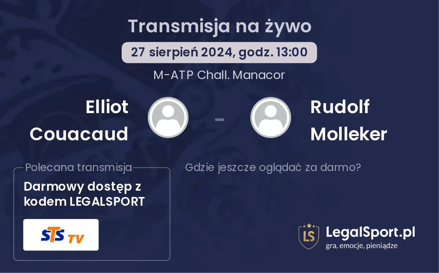 Elliot Couacaud - Rudolf Molleker gdzie oglądać? 27.08, godz. 13:00