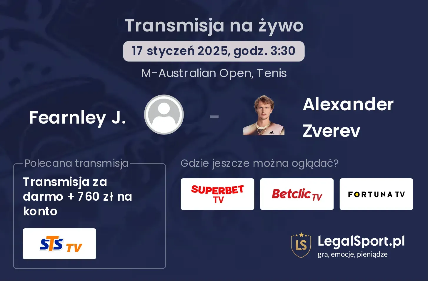 Fearnley J. - Alexander Zverev transmisja na żywo