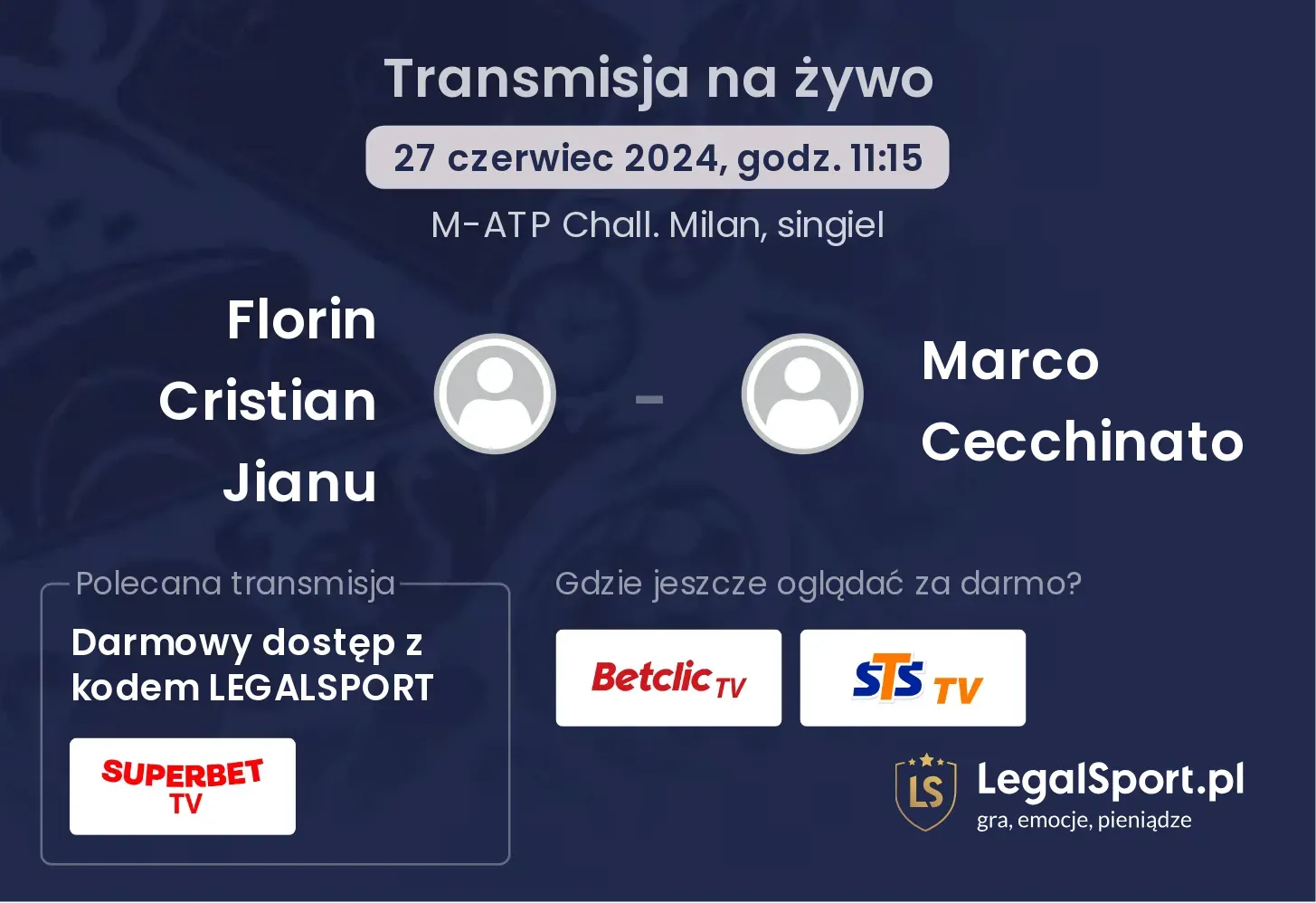 Florin Cristian Jianu - Marco Cecchinato gdzie oglądać? Transmisja online za darmo (27.06, godz. 11:15)