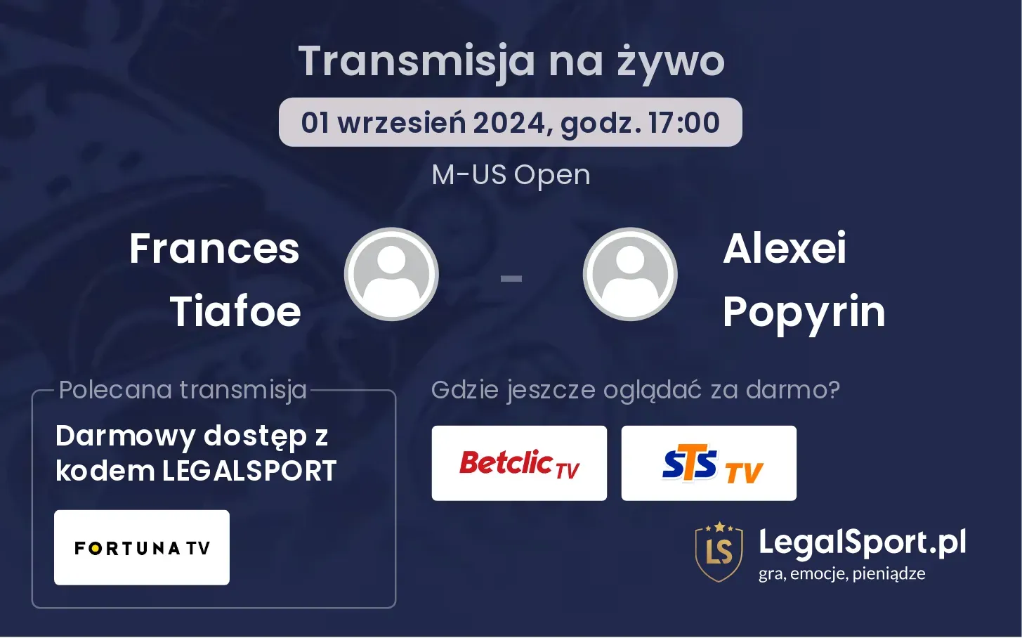 Frances Tiafoe - Alexei Popyrin gdzie oglądać? 01.09, godz. 17:00