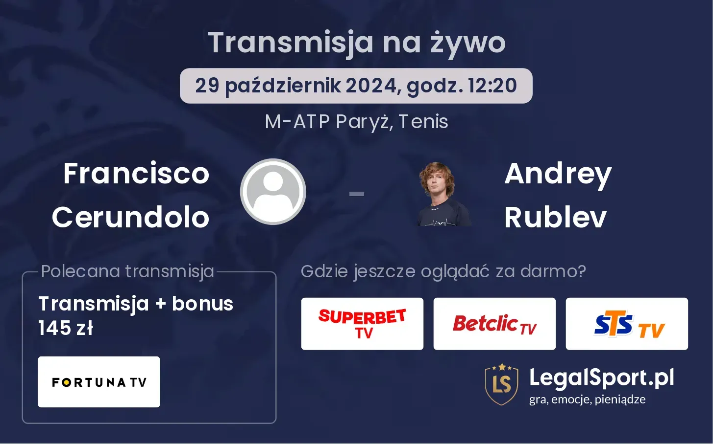 Francisco Cerundolo - Andrey Rublev gdzie oglądać? 29.10, godz. 12:20